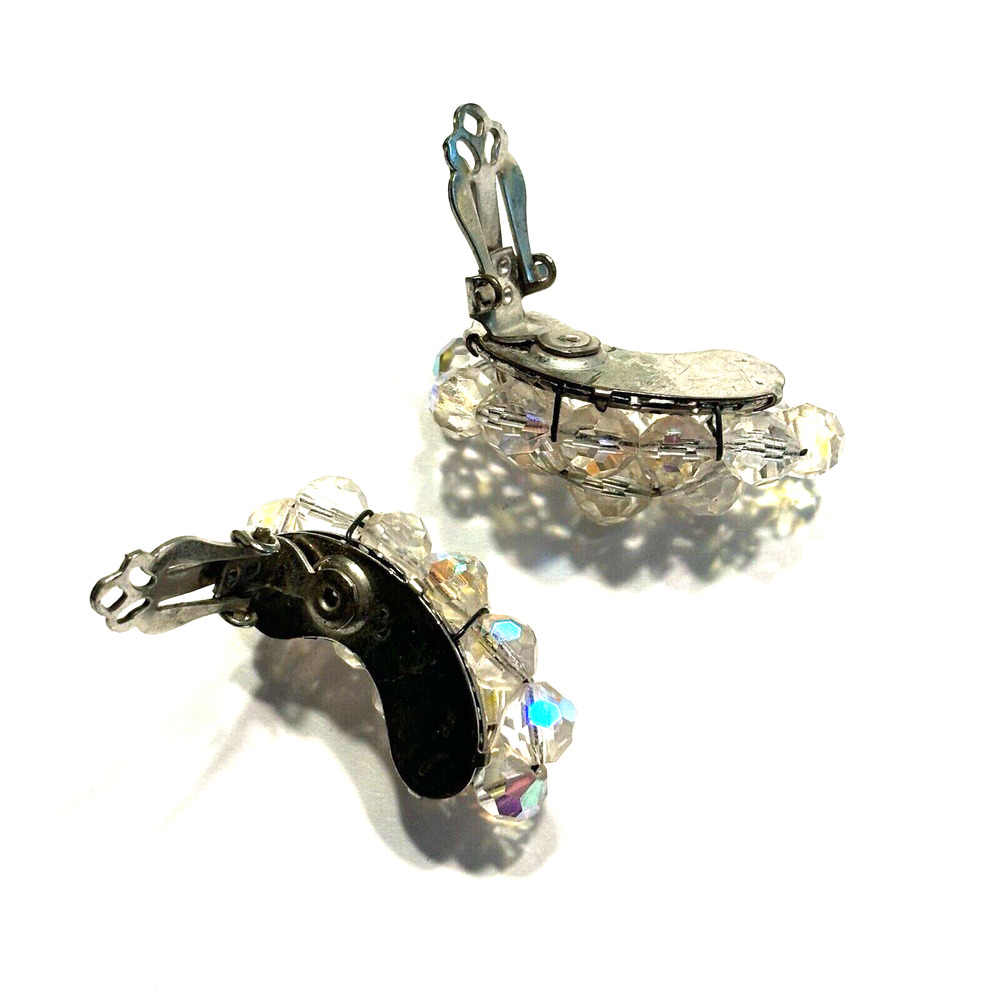 Vintage Mid Century Clear Crystal Clip On Earrings Silvertone Crescents Glam - Picture 8 of 8